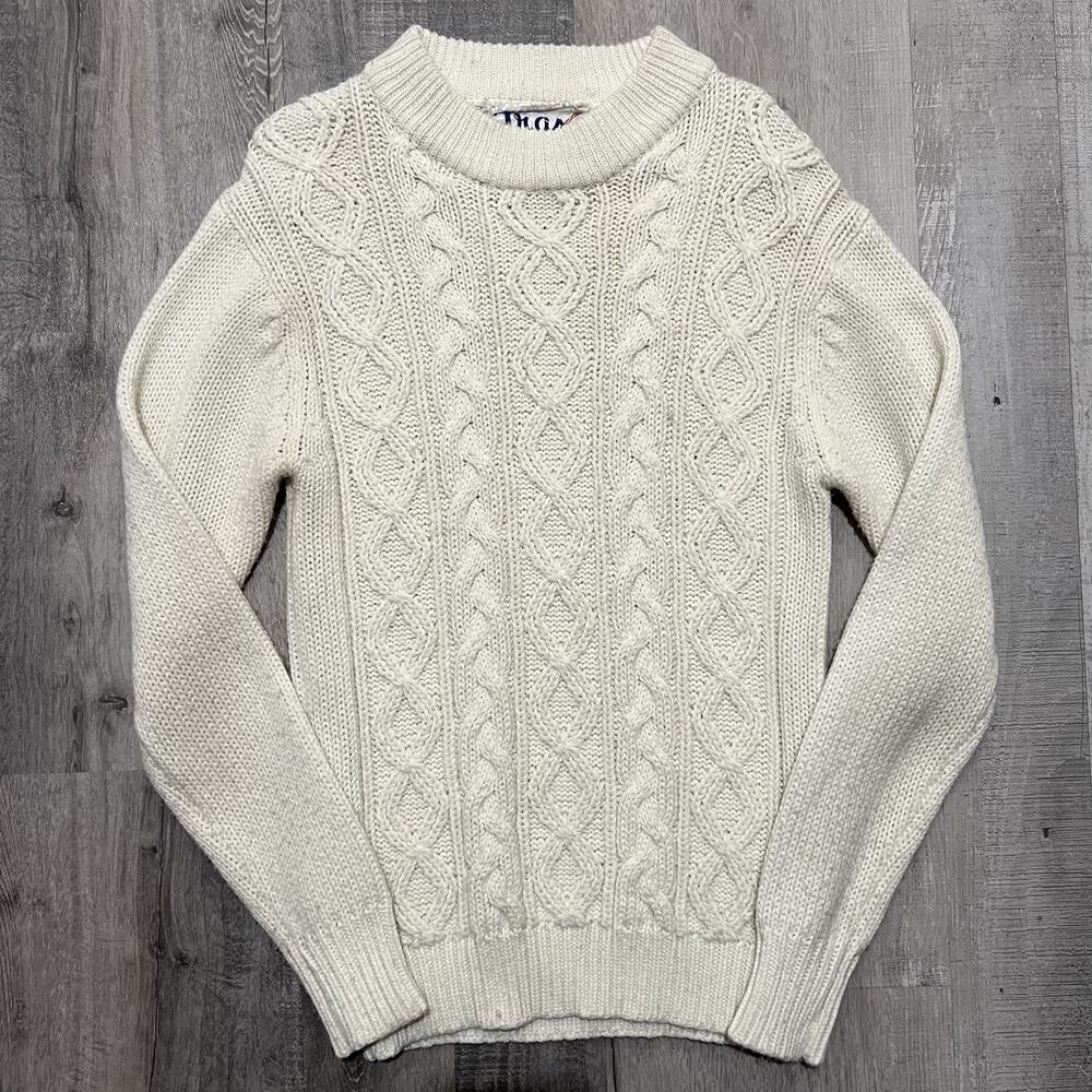 Vintage TRAX 80s White Cable Knit Acrylic Pull Over Apres Ski Sweater Size Small